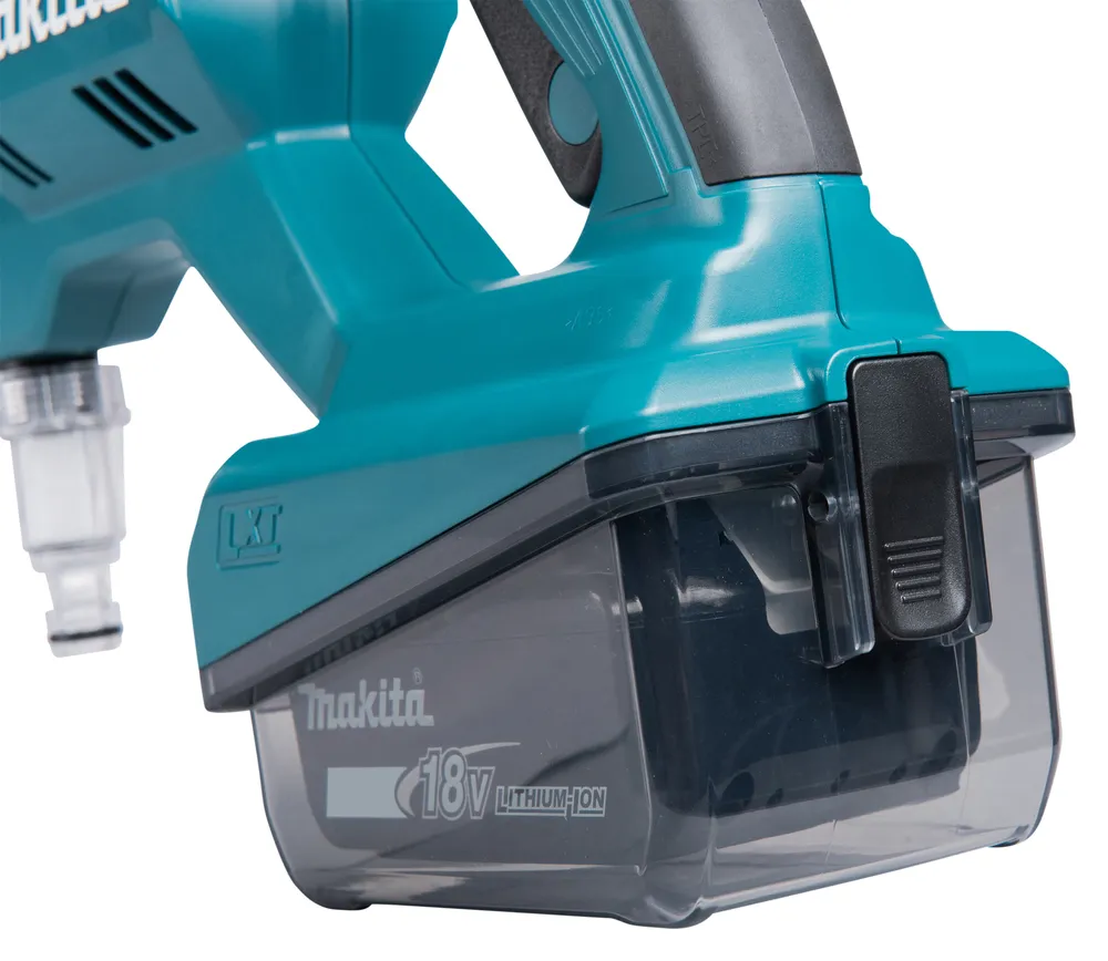 Pildil on Makita akusurvepesuri DHW180Z detail, nähtav on masina korpus, akukamber ja kinnitus.