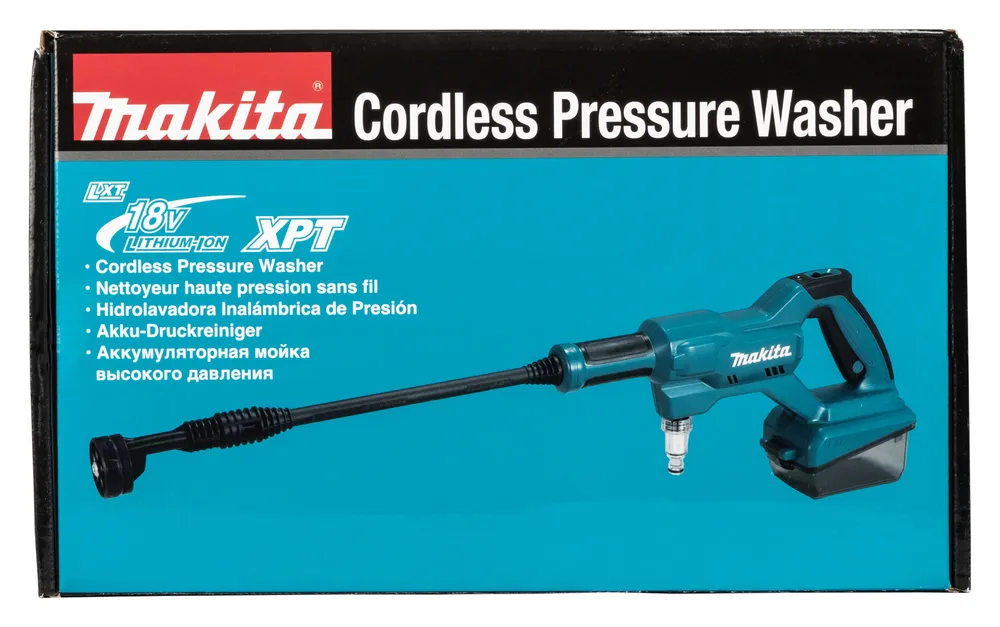 Pildil on Makita akusurvepesuri karp, mis näitab toote disaini ja funktsioone.