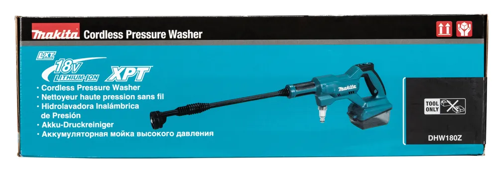 Pildil on Makita akusurvepesuri DHW180Z karp, millel on nähtav toote pilt.