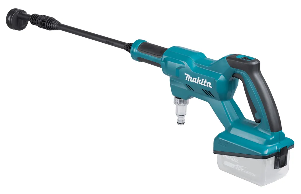 Pildil on Makita akusurvepesur DHW180Z, mis on turquoisega värvitud, varustatud voolikuga ja sisaldab akusid.