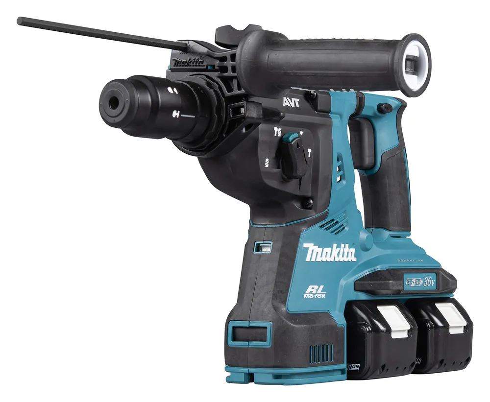 Pildil on Makita akupuurvasar DHR281ZWJ, mis on varustatud tolmukogumissüsteemiga, kahel aku kinnituskohaga ja...