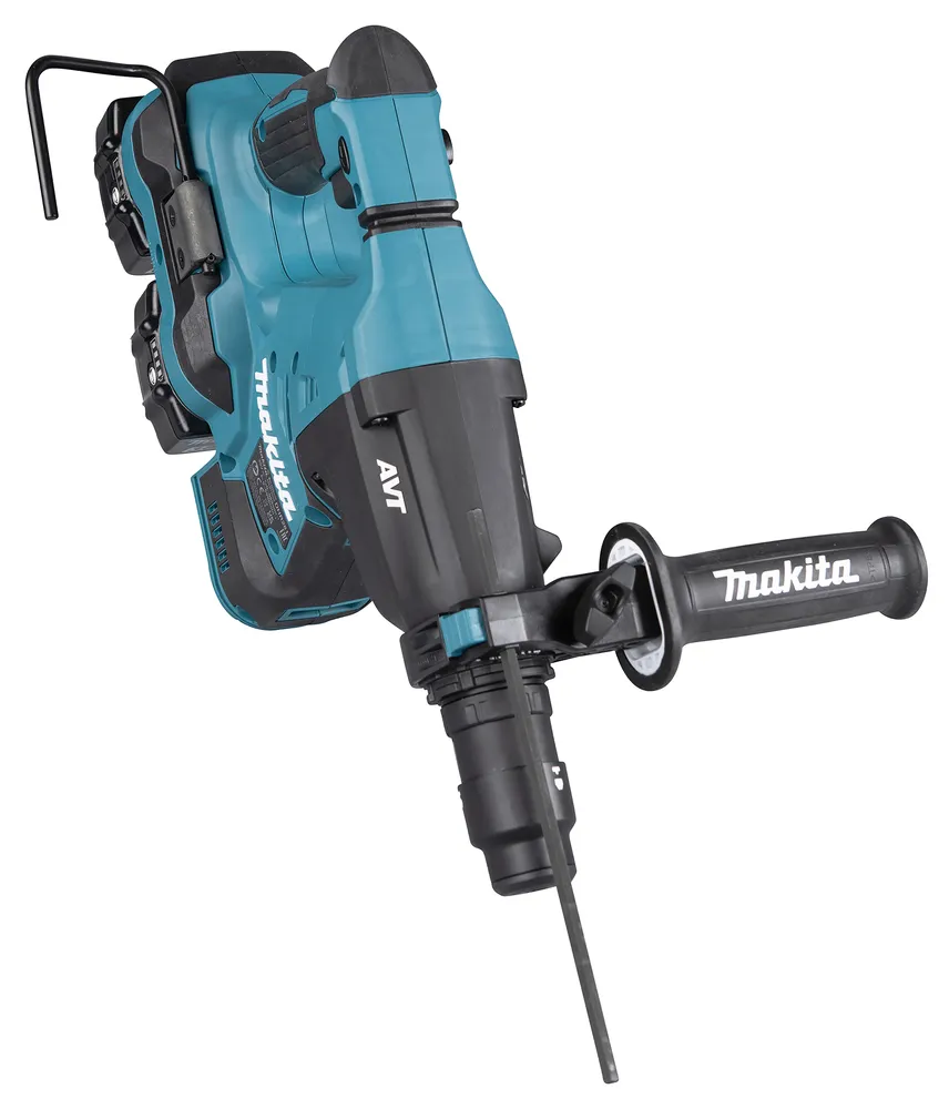 Pildil on Makita akupuurvasar, millel on AVT-tehnoloogia ja abikäepide.