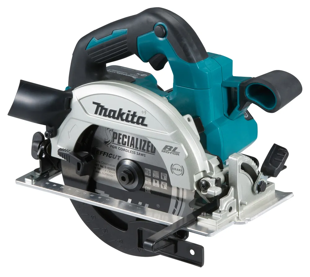 Pildil on Makita akuketassaag DHS660Z, kus on näha saeketta detailid ja seadme eri osad.