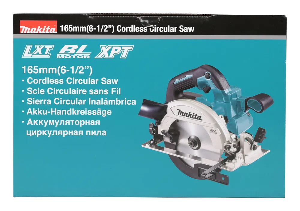 Pildil on Makita akuketassaagi DHS660Z pakend, millel on näha tööriista pilt koos selle peamiste omadustega.