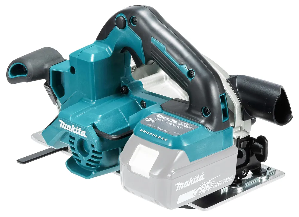 Pildil on Makita akuketassaag DHS660Z, kus on näha sae korpus, käepide ja detailid, mis viitavad sellele, et toode töötab...