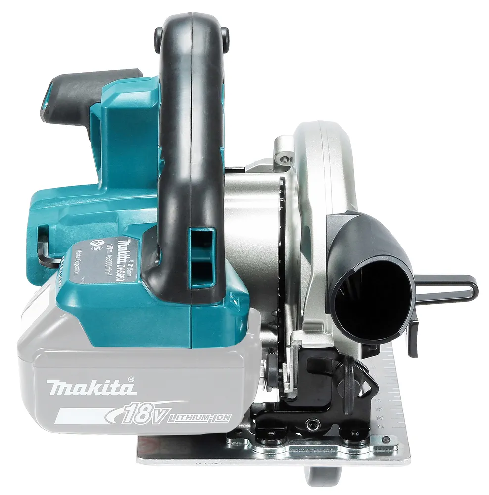 Pildil on näha Makita akuketassaag DHS660Z, mis on ilma aku ja laadijata, näidates seadme detaile ja ehitust.