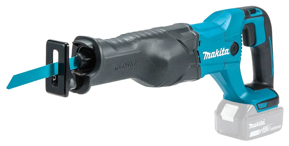 Pildil on näha Makita akuuniversaalsaag DJR186Z, millel on eemaldatav tera ja kinnitatud 18V aku.
