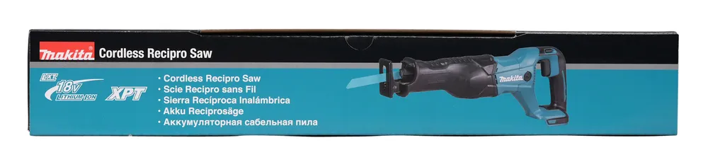 Pildil on kujutatud Makita akuuniversaalsaag DJR186Z pakendit, millel on kiri "Cordless Recipro Saw" ja tööriista pilt.