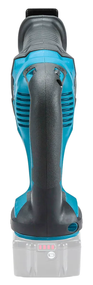 Pildil on näha Makita akuuniversaalsaag DJR186Z, millel on käepide ja aku laetuse indikaator.