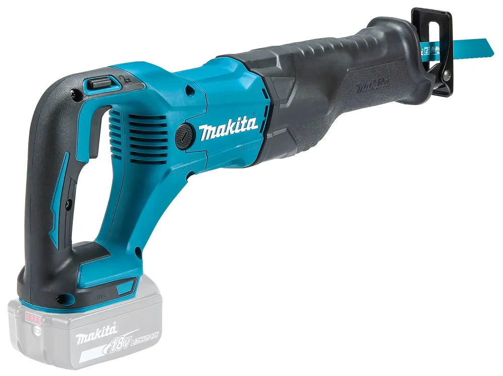 Pildil on näha Makita akuuniversaalsaag DJR186Z, millel on iseloomulik sinine ja must värvus ning terasest tera.