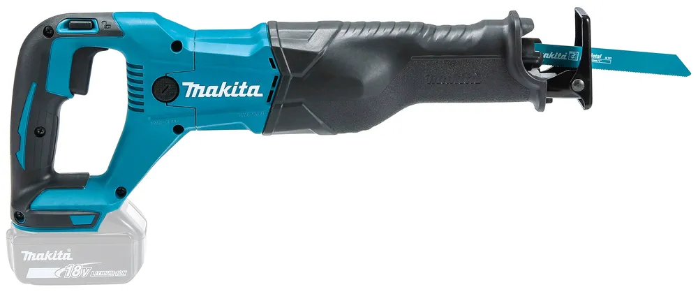 Pildil on Makita akuuniversaalsaag DJR186Z, mis on näidatud koos teraga ja akuga.