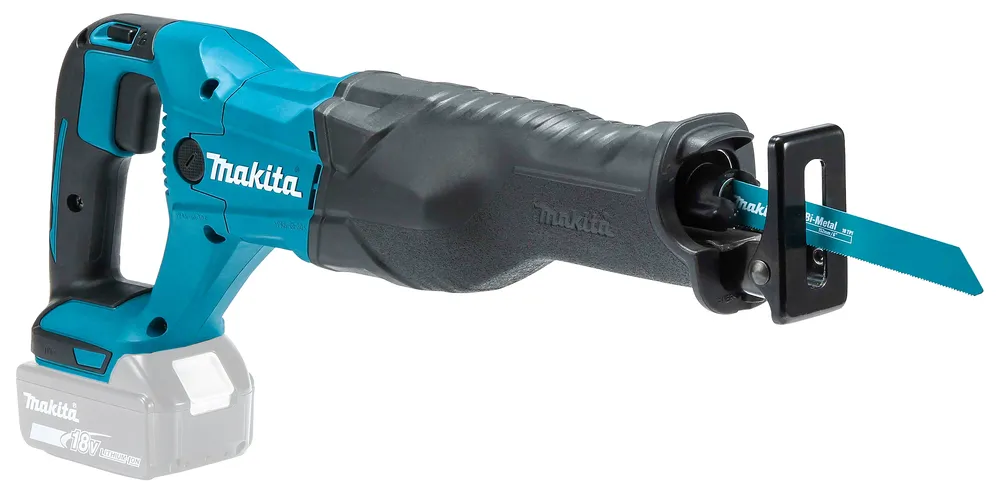 Pildil on Makita akuuniversaalsaag DJR186Z, millel on aku küljes ja sinine tera.