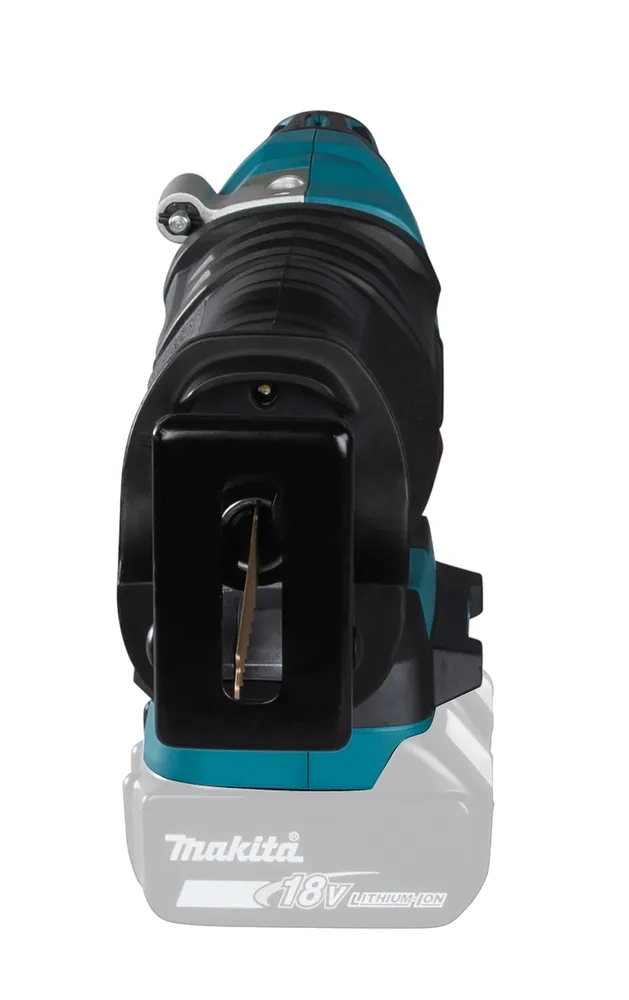 Pildil on Makita akuuniversaalsaag DJR360Z, millel on näha tera ja aku kinnitus.