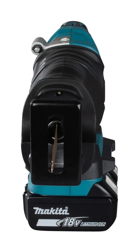 Pildil on Makita akuuniversaalsaag DJR360Z koos akuga, mis näitab tööriista ülemist ja tagumist külge.