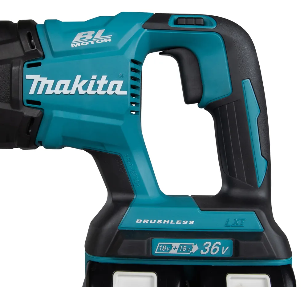 Pildil on näha Makita akuuniversaalsaag DJR360Z, mille käepidemel on "Makita" logo ja "Brushless" märgistus.