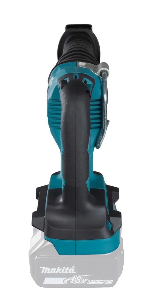 Pildil on näha Makita akuuniversaalsaag DJR360Z, mis on tagantvaates koos akuga.