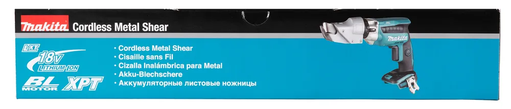 Pildil on Makita akuga plekilõikur DJS131Z karbil, millel on kaubamärgi logo ja toote nimetus mitmes keeles.