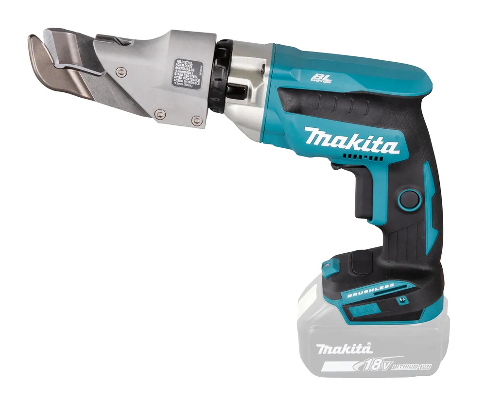 Pildil on näha Makita akuga plekikääride, millel on BL-mootori märgis ja 18V liitiumioonaku.