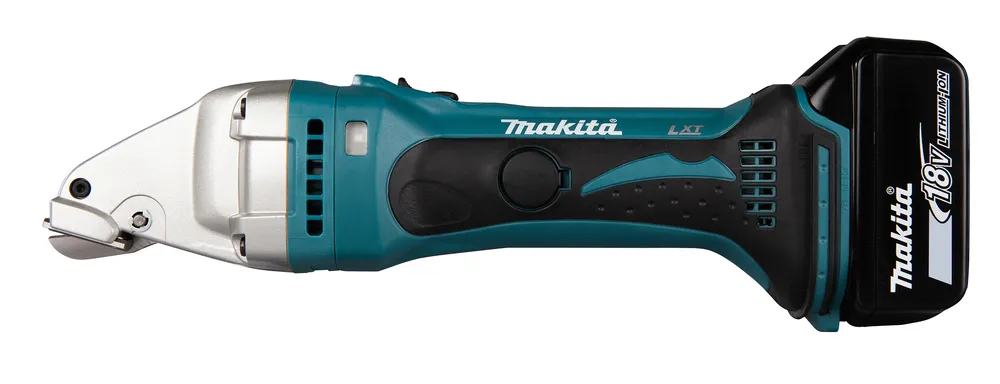 Pildil on Makita akuga plekilõikur DJS161Z, millel on ergonoomiline disain ja integreeritud 18V LXT aku.