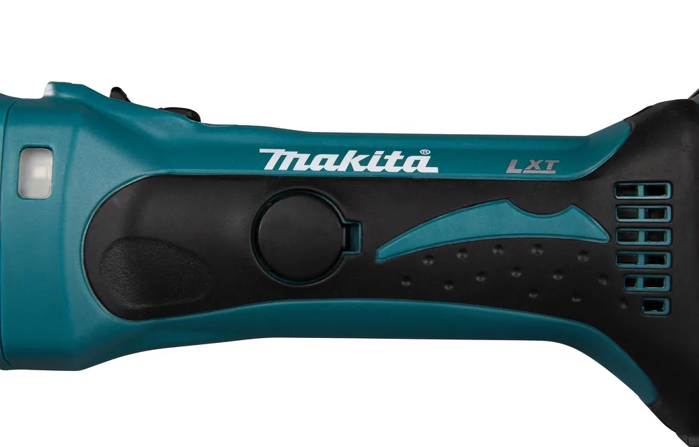 Pildil on kujutatud Makita akutoitel plekilõikuri DJS161Z käepide, kus on näha brändi logo ja "LXT" tähistus.