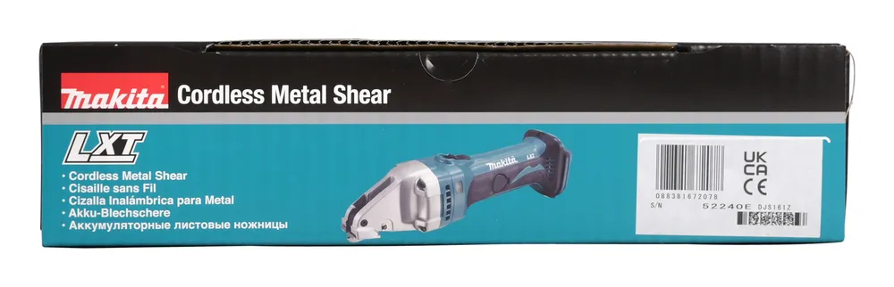 Pildil on näha Makita akuga metallilõikuri pakend, millel on toote nimi "Cordless Metal Shear" ja erinevates keeltes...