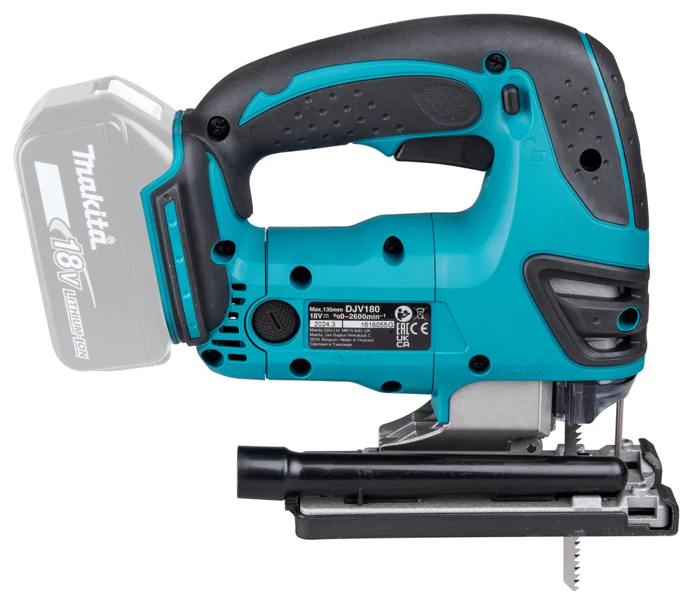 Pildil on Makita akutikksaag DJV180Z, mida hoiab üleval must käepide.