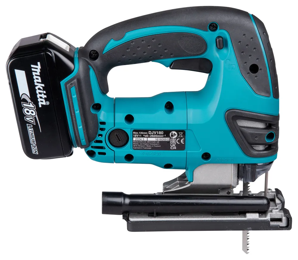 Pildil on kujutatud Makita akutööriist DJV180Z, mis on tööriist, mida kasutatakse erinevate materjalide lõikamiseks.