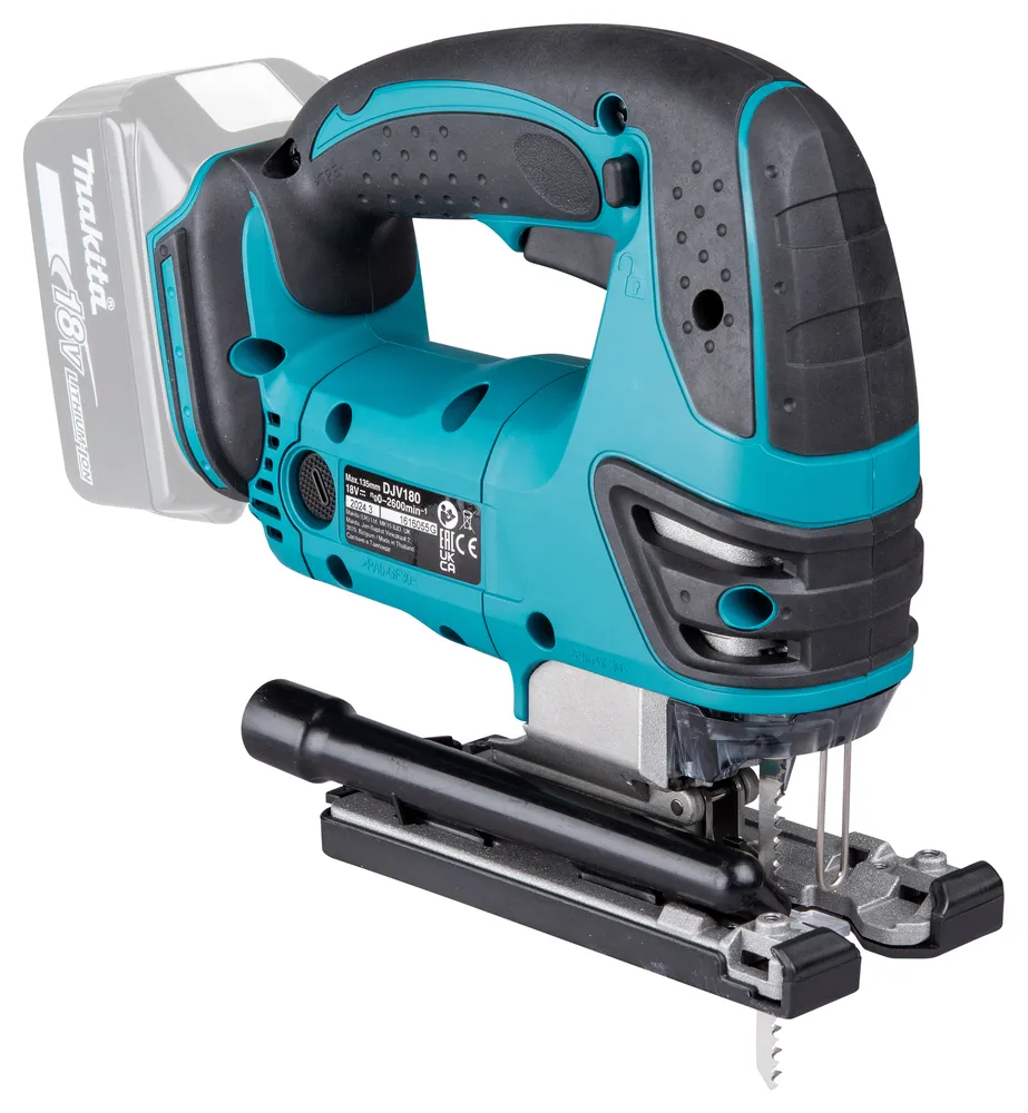 Pildil on Makita akutikksaag DJV180Z, millel on sinine ja must korpus ning sinine aku.