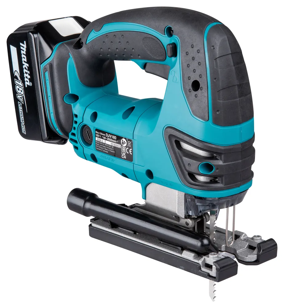 Pildil on näha Makita akutikksaag DJV180Z, mille küljes on aku.