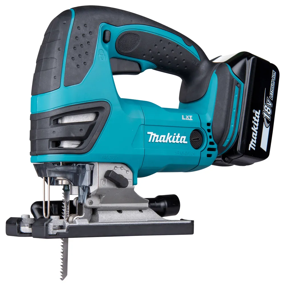 Pildil on Makita DJV180Z akutikksaag, millel on selgelt näha aku ja tera.