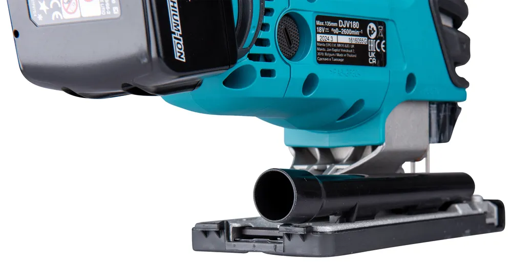 Pildil on Makita akutööriist DJV180Z, kust on näha aku, mootori korpus ning lõiketald.