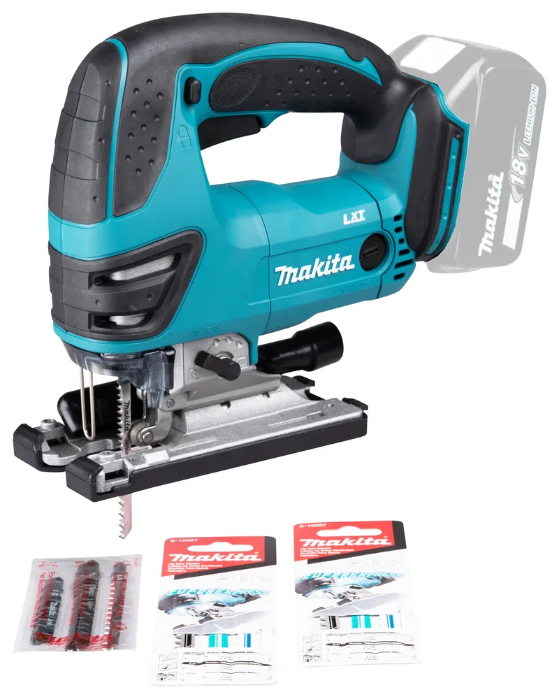 Pildil on Makita DJV180Z akutikksaag koos terade pakenditega.