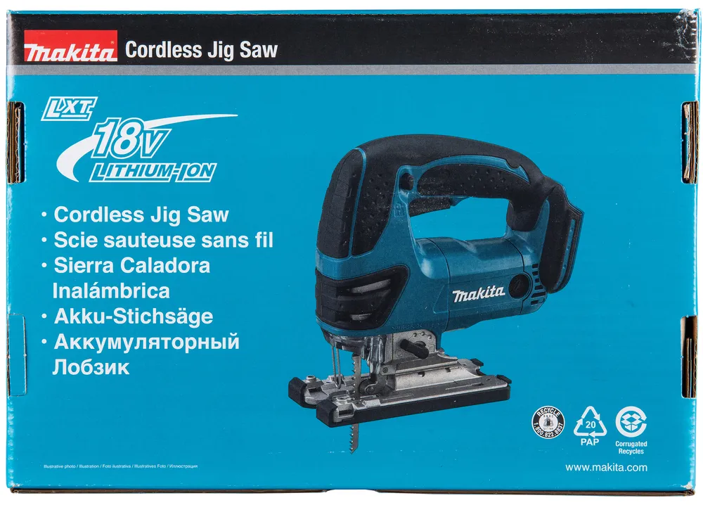 Pildil on Makita juhtmeta tikksaag DJV180Z, mis on pakendil kujutatud ja erinevates keeltes kirjeldatud.