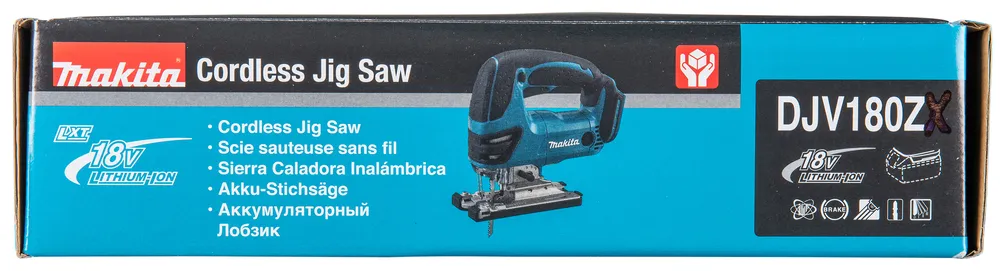 Pildil on Makita akutikksaag DJV180Z, mis on pakendil kujutatud, koos erinevate märgetega nagu "18V LITHIUM-ION" ja...