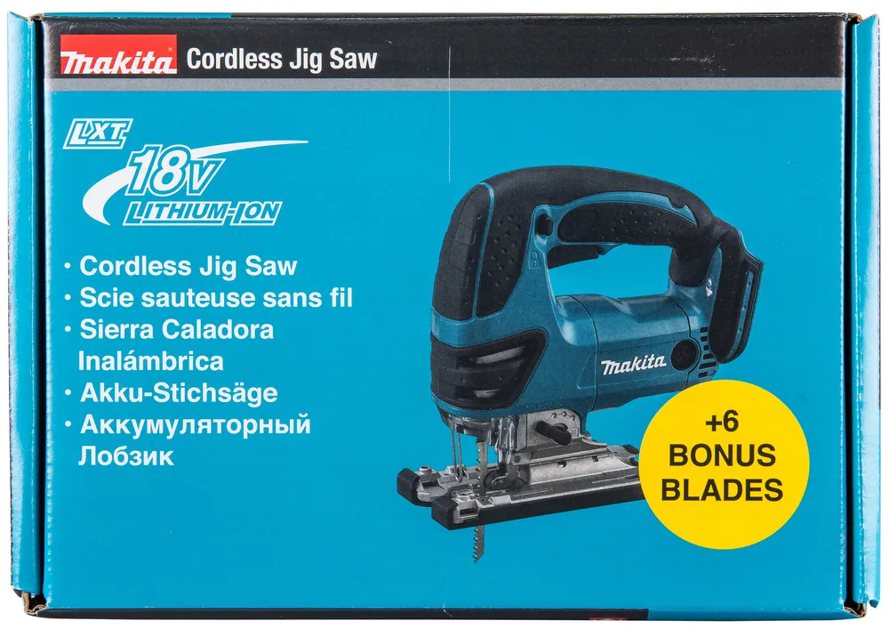 Pildil on Makita akutööriist, täpsemalt Makita juhtmeta tikksaag DJV180Z, ilma aku ja laadijata, mille kõrval on kollane...