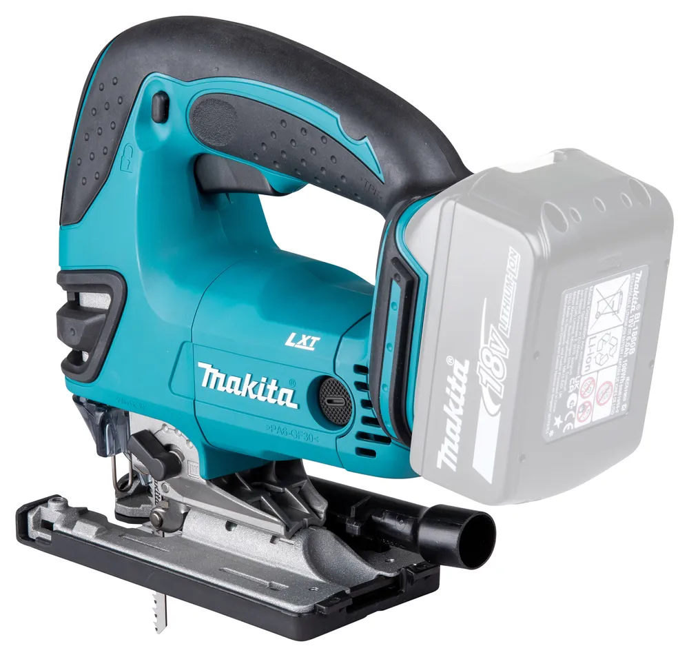 Pildil on näha Makita DJV180Z akutööriista tüüpi tigu-saag, millel on must käepide ja elektrisinine korpus ning mille...
