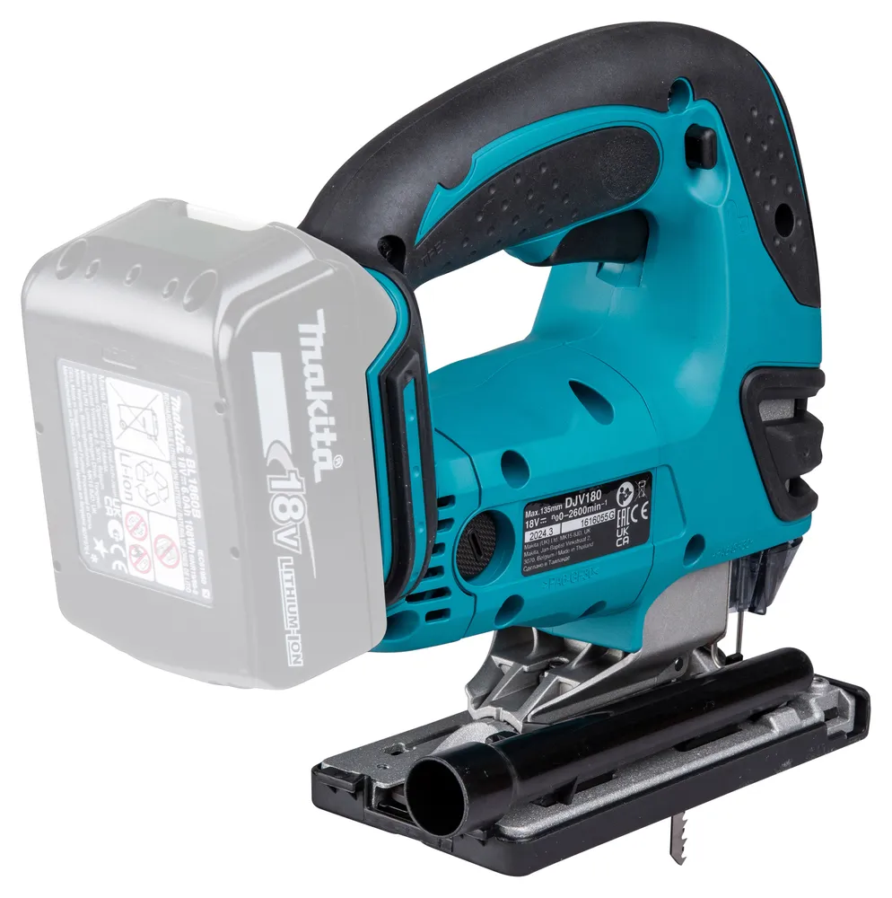 Pildil on Makita akutikksaag DJV180Z, mille külge on osaliselt paigaldatud tühi aku, kuid aku ja laadija pole komplektis.