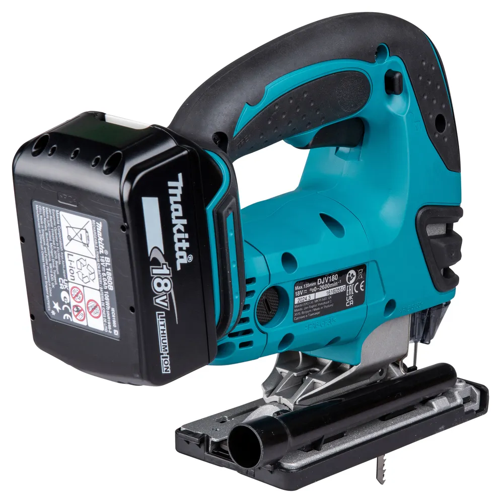 Pildil on näha Makita akutikksaag DJV180Z koos akuga, mis on valmis kasutamiseks.