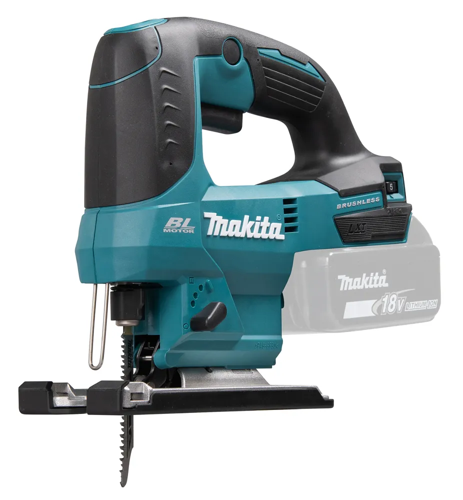 Pildil on kujutatud Makita akutööriista, täpsemalt Makita DJV184Z akutikksaag, mis on esitletud ilma aku ja laadijata.