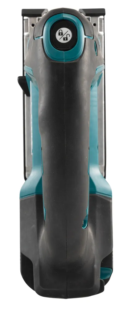 Pildil on näha Makita akutikksaag DJV184Z, kus on detailne vaade käepidemele ja lukustusnupule.