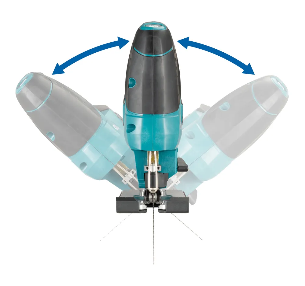 Pildil on Makita DJV184Z akutikksaag koos akude kujutisega kahel küljel, mis näitab selle liikumisulatust.
