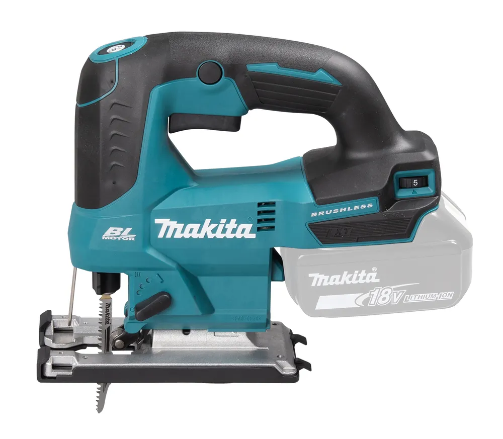 Pildil on kujutatud Makita DJV184Z akutikksaag, millel on selgelt näha kaubamärk, mudelinumber ja "Brushless" mootor.