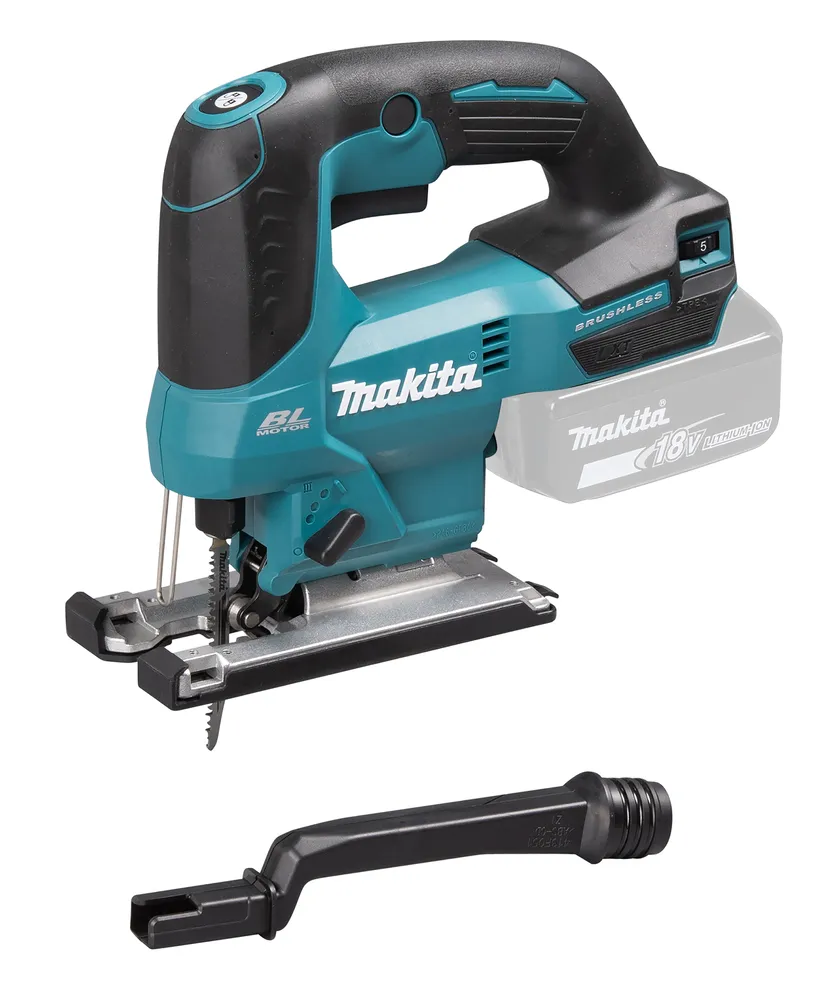 Pildil on näha Makita DJV184Z akutööriist koos selle lisatarvikuga.