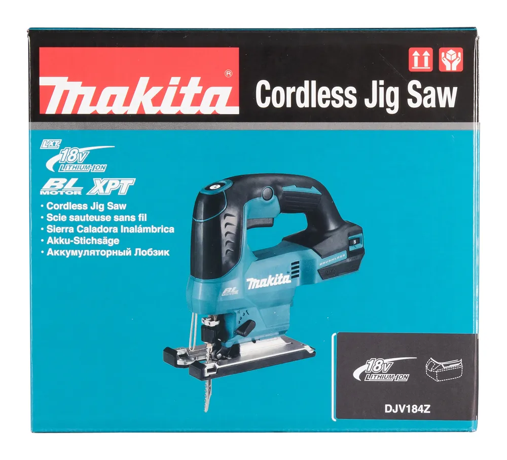Pildil on näha Makita DJV184Z akutööriist, mis on pakendil kujutatud.
