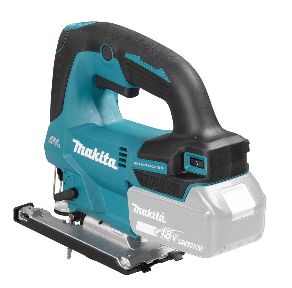 Pildil on näha Makita DJV184Z akutikksaag koos 18V LXT akuga, mis on musta ja türkiisi värvi.