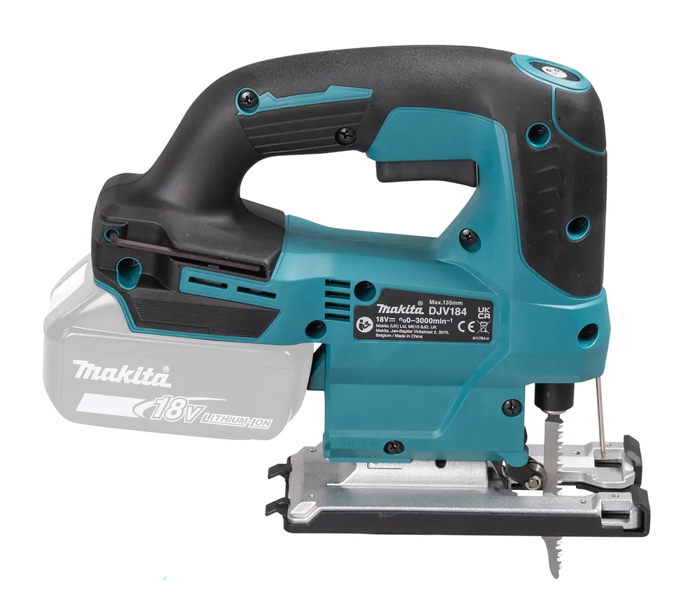Pildil on näha Makita akutikksaag DJV184Z, mille aku on välja jäetud.