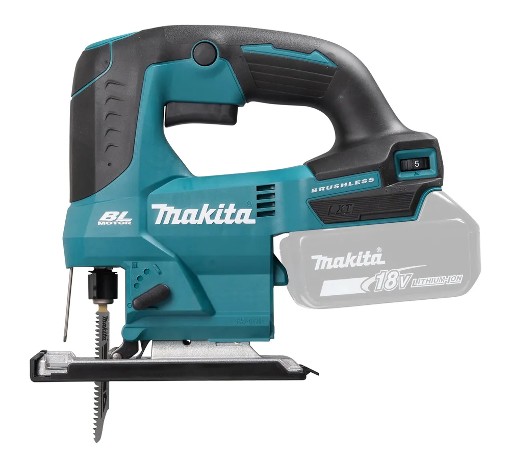 Pildil on Makita DJV184Z akutikksaag ilma akuta ja laadijata, mis on näidatud valgel taustal.