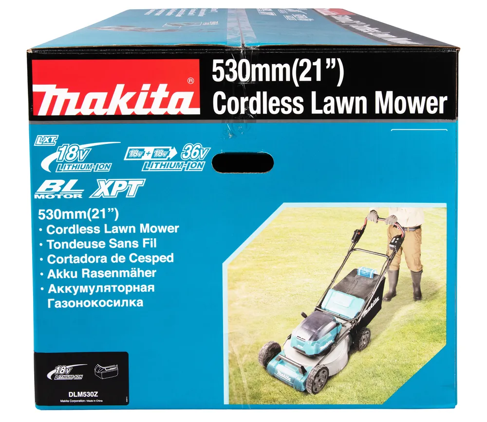Pildil on Makita DLM530Z akumuruniiduki karp, millel on kujutatud akumuruniidukit murul.