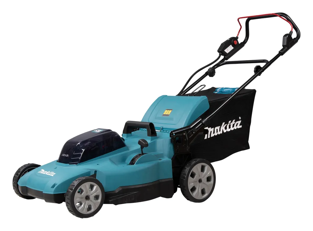 Pildil on sinine Makita akumuruniiduk DLM538Z, millel on must kogumiskott ja reguleeritav käepide.