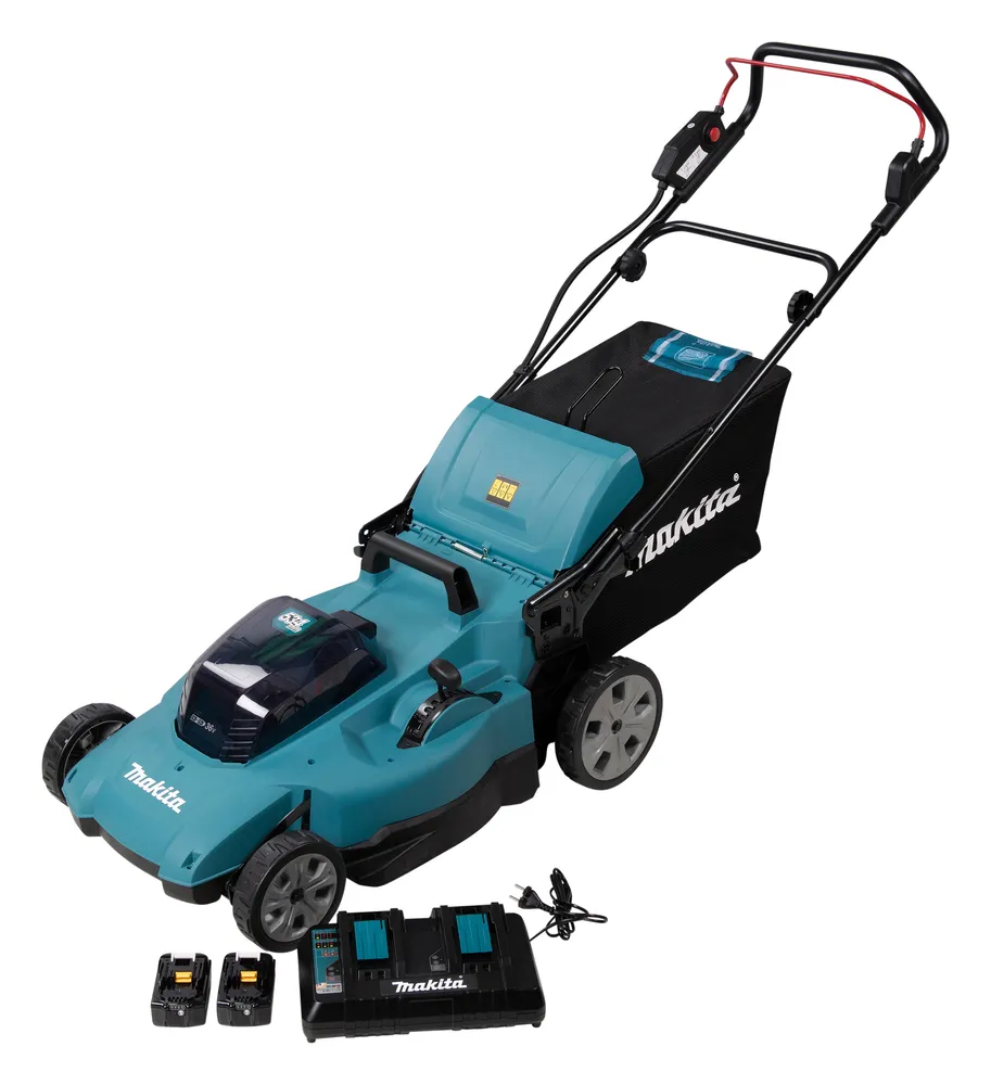 Pildil on kujutatud Makita akumuruniiduk DLM538Z, mille kõrval on kaks akut ja laadija.